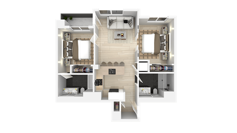 A 3D floor plan of a house with a living room, kitchen, dining room, and two bedrooms.